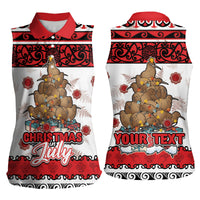 Personalised New Zealand July Christmas Women Sleeveless Polo Shirt Maori Kiwi Xmas Tree - White