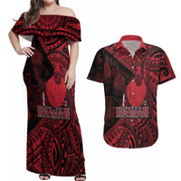 Hawaii King Kamehameha Couples Matching Off Shoulder Maxi Dress and Hawaiian Shirt With Hawaiian Ipu Motifs Red Version