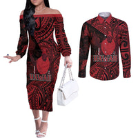 Hawaii King Kamehameha Couples Matching Off The Shoulder Long Sleeve Dress and Long Sleeve Button Shirt With Hawaiian Ipu Motifs Red Version