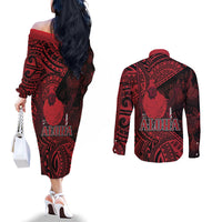 Hawaii King Kamehameha Couples Matching Off The Shoulder Long Sleeve Dress and Long Sleeve Button Shirt With Hawaiian Ipu Motifs Red Version