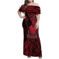 Hawaii King Kamehameha Family Matching Off Shoulder Maxi Dress and Hawaiian Shirt With Hawaiian Ipu Motifs Red Version