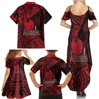 Hawaii King Kamehameha Family Matching Summer Maxi Dress and Hawaiian Shirt With Hawaiian Ipu Motifs Red Version