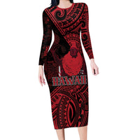 Hawaii King Kamehameha Long Sleeve Bodycon Dress With Hawaiian Ipu Motifs Red Version LT05 Long Dress Red - Polynesian Pride
