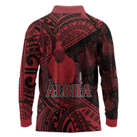 Hawaii King Kamehameha Long Sleeve Polo Shirt With Hawaiian Ipu Motifs Red Version LT05 - Polynesian Pride