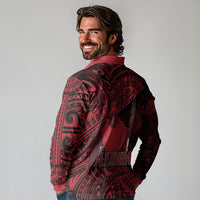 Hawaii King Kamehameha Long Sleeve Polo Shirt With Hawaiian Ipu Motifs Red Version LT05 - Polynesian Pride