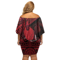 Hawaii King Kamehameha Off Shoulder Short Dress With Hawaiian Ipu Motifs Red Version LT05 - Polynesian Pride
