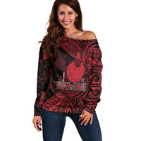 Hawaii King Kamehameha Off Shoulder Sweater With Hawaiian Ipu Motifs Red Version LT05 Women Red - Polynesian Pride