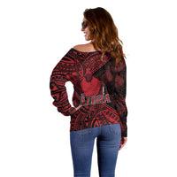 Hawaii King Kamehameha Off Shoulder Sweater With Hawaiian Ipu Motifs Red Version LT05 - Polynesian Pride