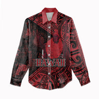 Hawaii King Kamehameha Women Casual Shirt With Hawaiian Ipu Motifs Red Version LT05 - Polynesian Pride