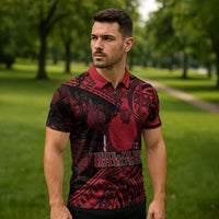 Hawaii King Kamehameha Zipper Polo Shirt With Hawaiian Ipu Motifs Red Version LT05 - Polynesian Pride