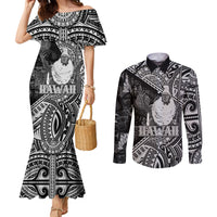Hawaii King Kamehameha Couples Matching Mermaid Dress and Long Sleeve Button Shirt With Hawaiian Ipu Motifs Black Version