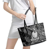 Hawaii King Kamehameha Leather Tote Bag With Hawaiian Ipu Motifs Black Version LT05 - Polynesian Pride