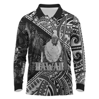 Hawaii King Kamehameha Long Sleeve Polo Shirt With Hawaiian Ipu Motifs Black Version LT05 Black - Polynesian Pride