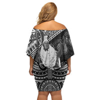 Hawaii King Kamehameha Off Shoulder Short Dress With Hawaiian Ipu Motifs Black Version LT05 - Polynesian Pride