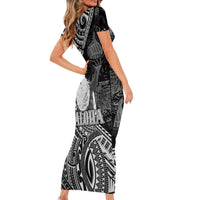 Hawaii King Kamehameha Short Sleeve Bodycon Dress With Hawaiian Ipu Motifs Black Version LT05 - Polynesian Pride