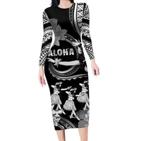 Hawaii Beautiful Hula Dancers Long Sleeve Bodycon Dress With Ipu Keke And Pahu Drum