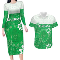 Cook Islands Maori Language Week Couples Matching Long Sleeve Bodycon Dress and Hawaiian Shirt Pacific Tapa Pattern LT05 Green - Polynesian Pride