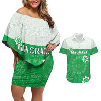 Cook Islands Maori Language Week Couples Matching Off Shoulder Short Dress and Hawaiian Shirt Pacific Tapa Pattern LT05 Green - Polynesian Pride