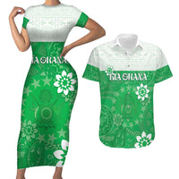 Cook Islands Maori Language Week Couples Matching Short Sleeve Bodycon Dress and Hawaiian Shirt Pacific Tapa Pattern LT05 Green - Polynesian Pride