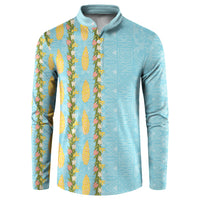 Hawaii Shell Tiare Anthurium Heliconia Lei Button Sweatshirt With Tapa Pattern Baby Blue
