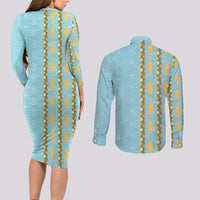 Hawaii Shell Tiare Anthurium Heliconia Lei Couples Matching Long Sleeve Bodycon Dress and Long Sleeve Button Shirt With Tapa Pattern Baby Blue