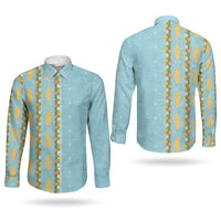 Hawaii Shell Tiare Anthurium Heliconia Lei Couples Matching Mermaid Dress and Long Sleeve Button Shirt With Tapa Pattern Baby Blue LT05 - Polynesian Pride