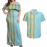 Hawaii Shell Tiare Anthurium Heliconia Lei Couples Matching Off Shoulder Maxi Dress and Hawaiian Shirt With Tapa Pattern Baby Blue