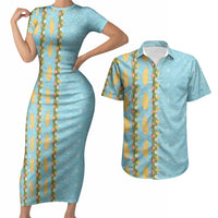 Hawaii Shell Tiare Anthurium Heliconia Lei Couples Matching Short Sleeve Bodycon Dress and Hawaiian Shirt With Tapa Pattern Baby Blue LT05 Blue - Polynesian Pride