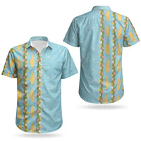 Hawaii Shell Tiare Anthurium Heliconia Lei Couples Matching Short Sleeve Bodycon Dress and Hawaiian Shirt With Tapa Pattern Baby Blue LT05 - Polynesian Pride