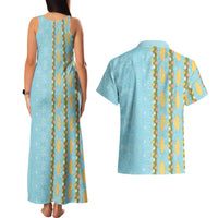 Hawaii Shell Tiare Anthurium Heliconia Lei Couples Matching Tank Maxi Dress and Hawaiian Shirt With Tapa Pattern Baby Blue
