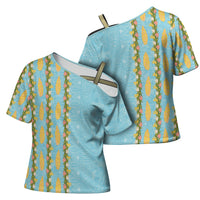 Hawaii Shell Tiare Anthurium Heliconia Lei Cross Shoulder Shirt With Tapa Pattern Baby Blue