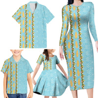 Hawaii Shell Tiare Anthurium Heliconia Lei Family Matching Long Sleeve Bodycon Dress and Hawaiian Shirt With Tapa Pattern Baby Blue LT05 - Polynesian Pride