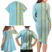 Hawaii Shell Tiare Anthurium Heliconia Lei Family Matching Long Sleeve Bodycon Dress and Hawaiian Shirt With Tapa Pattern Baby Blue LT05 Mom's Dress Blue - Polynesian Pride