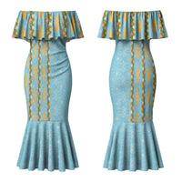 Hawaii Shell Tiare Anthurium Heliconia Lei Family Matching Mermaid Dress and Hawaiian Shirt With Tapa Pattern Baby Blue LT05 Mom's Dress Blue - Polynesian Pride