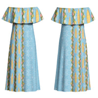 Hawaii Shell Tiare Anthurium Heliconia Lei Family Matching Off Shoulder Maxi Dress and Hawaiian Shirt With Tapa Pattern Baby Blue LT05 Mom's Dress Blue - Polynesian Pride