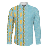 Hawaii Shell Tiare Anthurium Heliconia Lei Family Matching Off Shoulder Maxi Dress and Hawaiian Shirt With Tapa Pattern Baby Blue