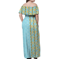 Hawaii Shell Tiare Anthurium Heliconia Lei Family Matching Off Shoulder Maxi Dress and Hawaiian Shirt With Tapa Pattern Baby Blue