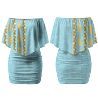 Hawaii Shell Tiare Anthurium Heliconia Lei Family Matching Off Shoulder Short Dress and Hawaiian Shirt With Tapa Pattern Baby Blue LT05 Mom's Dress Blue - Polynesian Pride