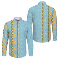 Hawaii Shell Tiare Anthurium Heliconia Lei Family Matching Off Shoulder Short Dress and Hawaiian Shirt With Tapa Pattern Baby Blue LT05 Dad's Shirt - Long Sleeve Blue - Polynesian Pride