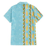 Hawaii Shell Tiare Anthurium Heliconia Lei Family Matching Off Shoulder Short Dress and Hawaiian Shirt With Tapa Pattern Baby Blue