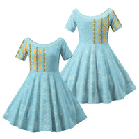 Hawaii Shell Tiare Anthurium Heliconia Lei Family Matching Off Shoulder Short Dress and Hawaiian Shirt With Tapa Pattern Baby Blue LT05 Daughter's Dress Blue - Polynesian Pride