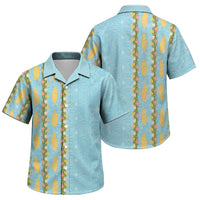 Hawaii Shell Tiare Anthurium Heliconia Lei Family Matching Off Shoulder Short Dress and Hawaiian Shirt With Tapa Pattern Baby Blue LT05 Son's Shirt Blue - Polynesian Pride