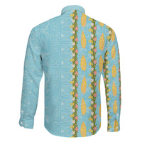 Hawaii Shell Tiare Anthurium Heliconia Lei Family Matching Puletasi and Hawaiian Shirt With Tapa Pattern Baby Blue