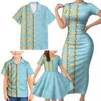 Hawaii Shell Tiare Anthurium Heliconia Lei Family Matching Short Sleeve Bodycon Dress and Hawaiian Shirt With Tapa Pattern Baby Blue LT05 - Polynesian Pride