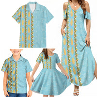 Hawaii Shell Tiare Anthurium Heliconia Lei Family Matching Summer Maxi Dress and Hawaiian Shirt With Tapa Pattern Baby Blue LT05 - Polynesian Pride