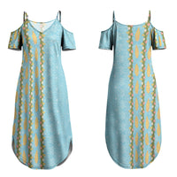 Hawaii Shell Tiare Anthurium Heliconia Lei Family Matching Summer Maxi Dress and Hawaiian Shirt With Tapa Pattern Baby Blue LT05 Mom's Dress Blue - Polynesian Pride