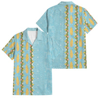 Hawaii Shell Tiare Anthurium Heliconia Lei Family Matching Tank Maxi Dress and Hawaiian Shirt With Tapa Pattern Baby Blue LT05 Dad's Shirt - Short Sleeve Blue - Polynesian Pride
