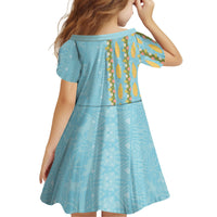 Hawaii Shell Tiare Anthurium Heliconia Lei Kid Short Sleeve Dress With Tapa Pattern Baby Blue LT05 - Polynesian Pride
