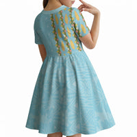 Hawaii Shell Tiare Anthurium Heliconia Lei Kid Short Sleeve Dress With Tapa Pattern Baby Blue LT05 - Polynesian Pride