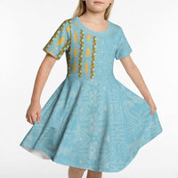 Hawaii Shell Tiare Anthurium Heliconia Lei Kid Short Sleeve Dress With Tapa Pattern Baby Blue LT05 - Polynesian Pride